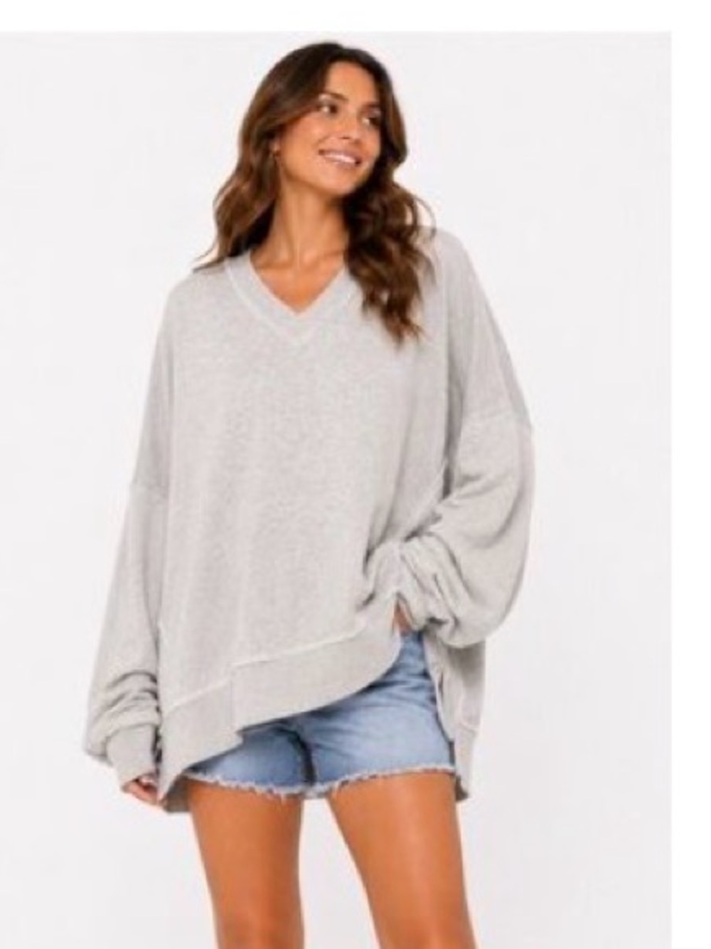 Aerie Oversized V-Neck Lightweight Sweater - Light Gray